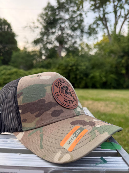 Frontline Misfits Snapback Logo Hat - Multicam/Brown Leather Patch