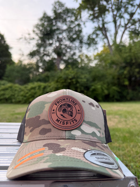 Frontline Misfits Snapback Logo Hat - Multicam/Brown Leather Patch